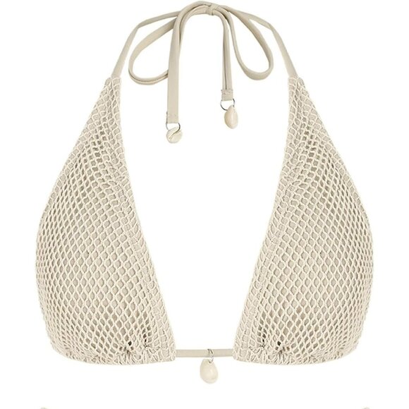 🆕Women Cream Triangle Bikini Top Fishnet Tie Back String Swimsuit Bathing Suit - Picture 1 of 6